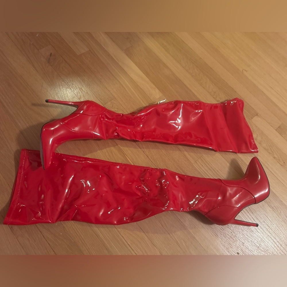 Red thigh high boots